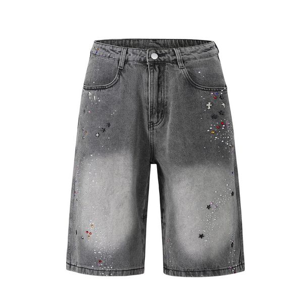 Men's Clothing European And American High Street Foreign Trade Washed White Diamond Studded Retro Denim Shorts Shorts Jeans_mkmklike.com