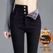 Fashionable Fleece-lined Jeans, New Autumn And Winter Slim-fit Pants, High-waisted With Button Design, Versatile_mkmklike.com