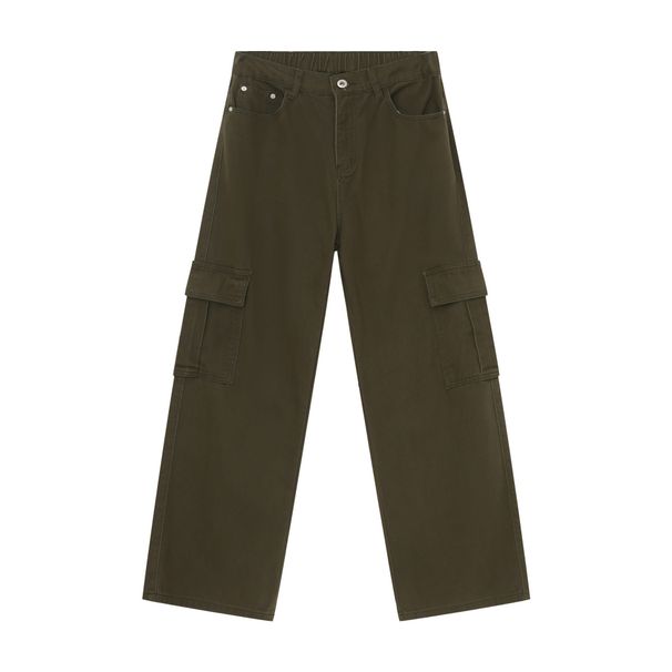 EF JEANS | 2024 New Vintage Simple Large Pocket Colored Semi-elastic Waist Overalls Army Green Jeans_mkmklike.com