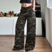 American Street Style Camouflage Color Contrast Tooling Multi-pocket Jeans Women's Low Waist Loose Straight Leg Casual Pants_mkmklike.com