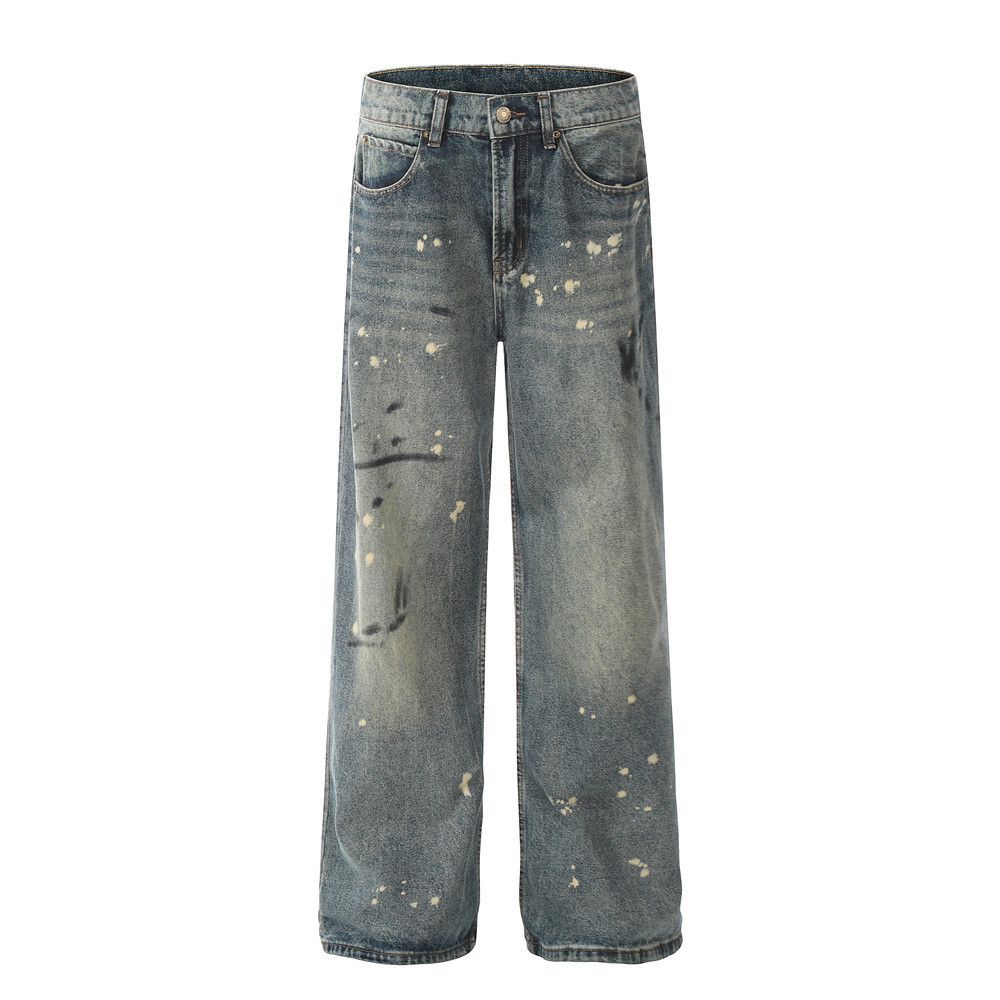 Tie-Dye Ink-Splattered Straight-Leg Jeans For Men High Street Style Washed Vintage Casual Loose Wide-Leg Pants_mkmklike.com