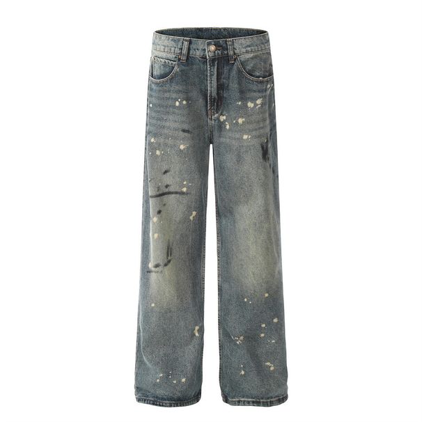 Tie-Dye Ink-Splattered Straight-Leg Jeans For Men High Street Style Washed Vintage Casual Loose Wide-Leg Pants_mkmklike.com