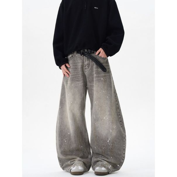 Unisex Retro Style Grey Washed And Distressed Splatter Painted Curved Jeans Loose Fitting American Street Style Pants_mkmklike.com