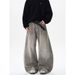Unisex Retro Style Grey Washed And Distressed Splatter Painted Curved Jeans Loose Fitting American Street Style Pants_mkmklike.com