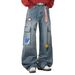 Unisex Vintage Washed Cargo Jeans With Embroidered Checkerboard Tie & Multi-Pockets, Loose Straight Leg Baggy Denim Pants For Men And Women_mkmklike.com