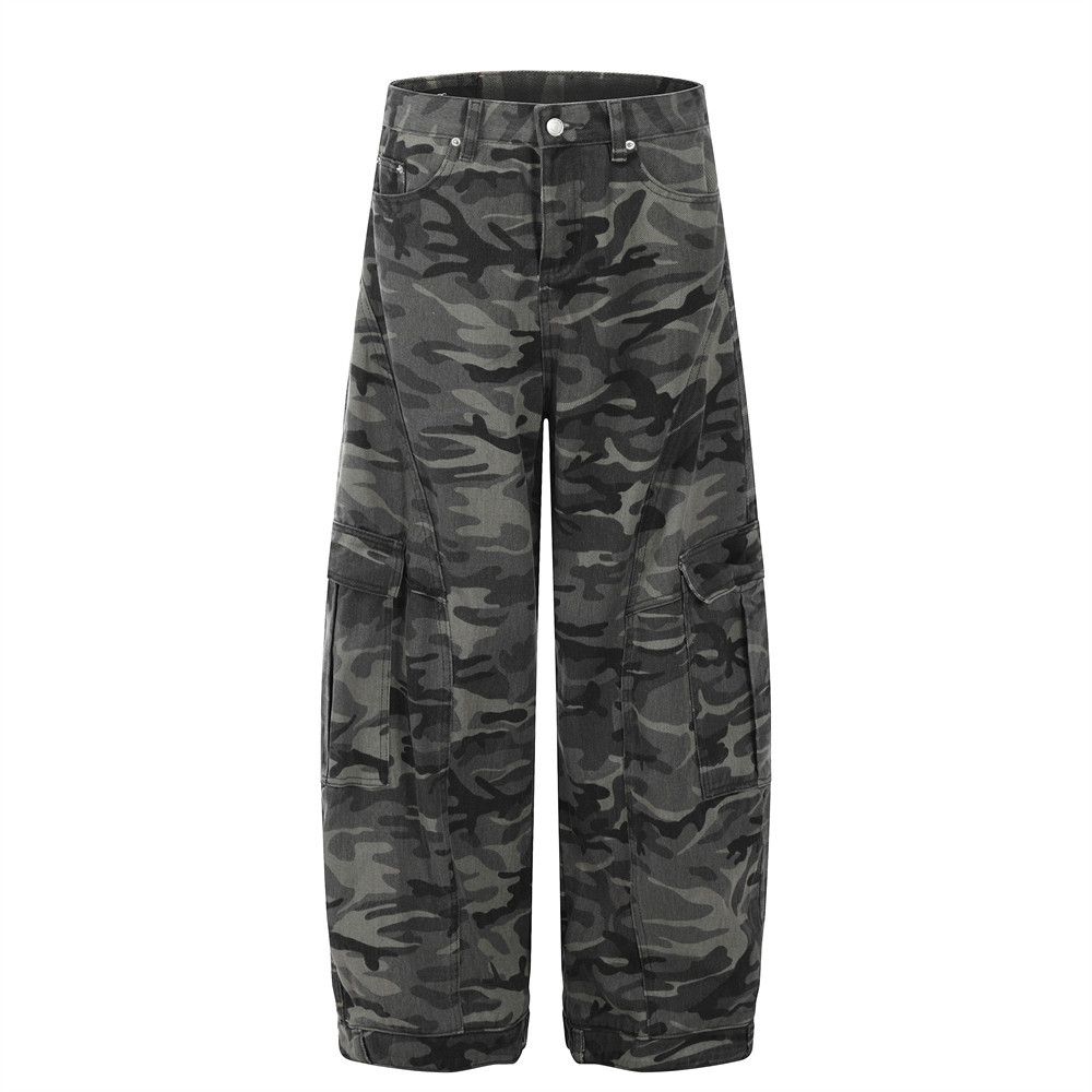 American Style Camouflage Scimitar Jeans For Men, Deconstructed Design, Reversible, Loose Fit, Wide-Leg Cargo Pants_mkmklike.com