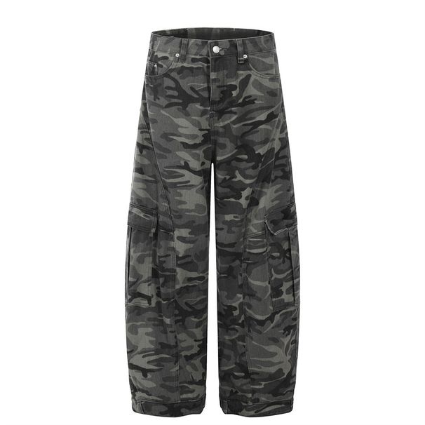 American Style Camouflage Scimitar Jeans For Men, Deconstructed Design, Reversible, Loose Fit, Wide-Leg Cargo Pants_mkmklike.com