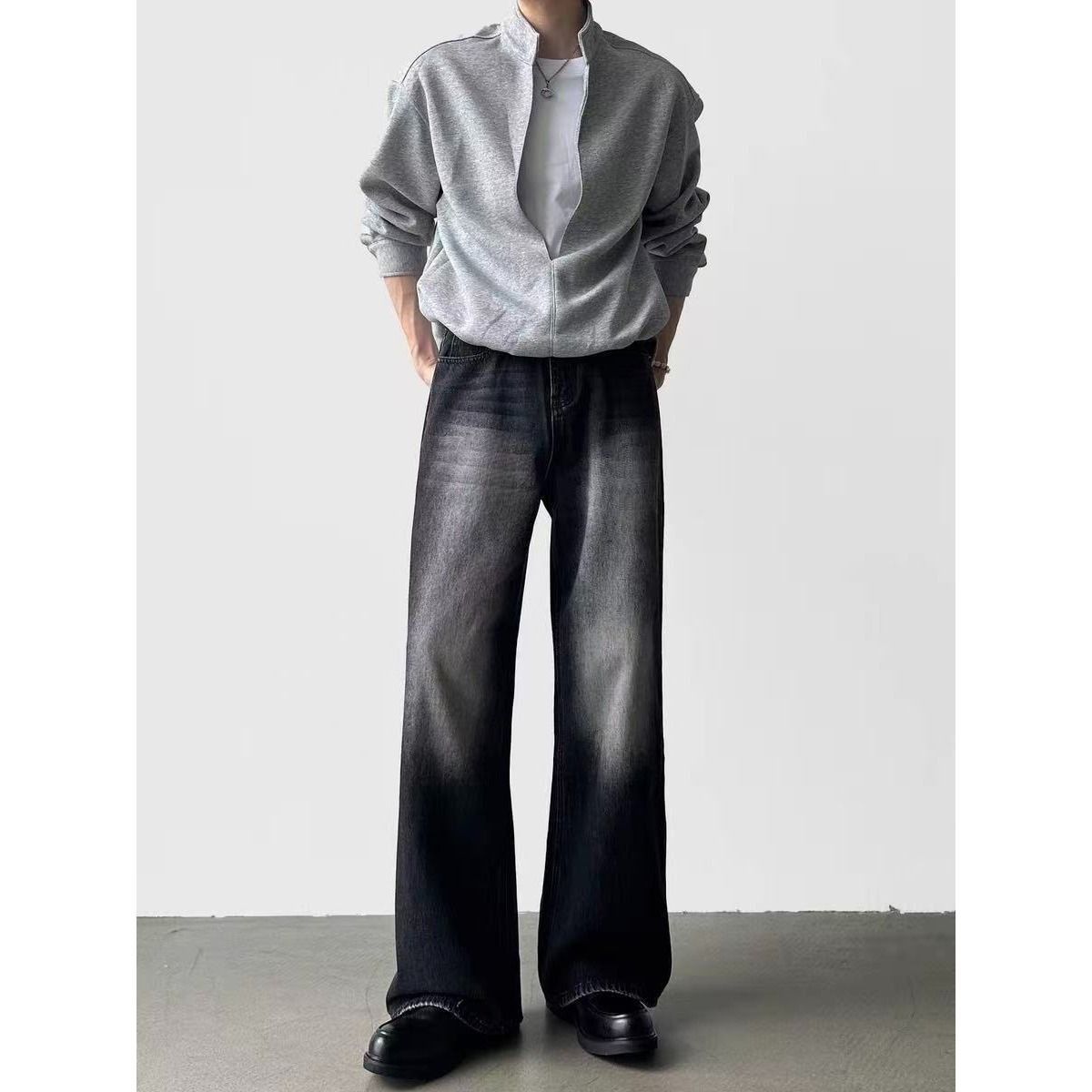 Light Blue Wide Leg Jeans Men's Trendy Loose Straight Leg Drape Trousers mid Waist Zipper Fly Cotton Spring Summer New_mkmklike.com