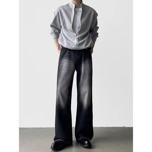 Light Blue Wide Leg Jeans Men's Trendy Loose Straight Leg Drape Trousers mid Waist Zipper Fly Cotton Spring Summer New_mkmklike.com