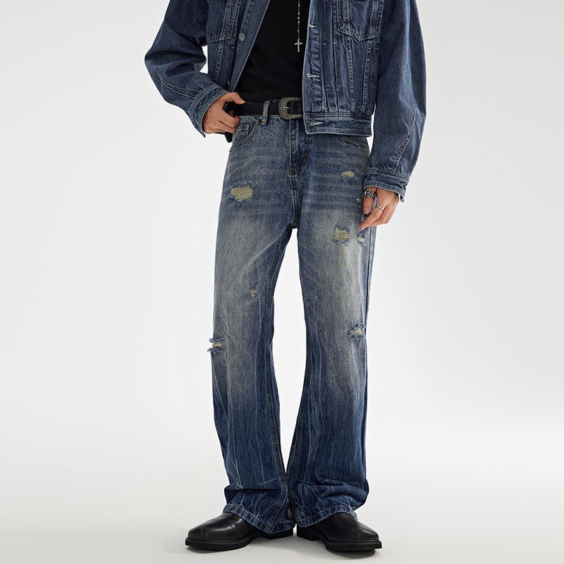 Men's Flared Jeans With Distressed Details – Vintage-Inspired High Waist Bell Bottom Denim Pants (28-36), 90.6% Cotton & Retro Wash_mkmklike.com