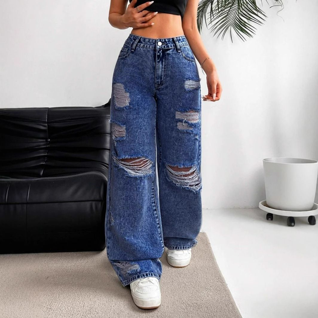 Women's High-Waisted Straight-Leg Jeans – Distressed Washed Denim With Ripped Details (Light Blue/Deep Blue)_mkmklike.com