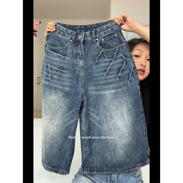 Plus Size High Waist Flared Denim Shorts For Women Vintage Retro Wide Leg Mid-Length Summer Casual Comfortable Cotton Stretch_mkmklike.com