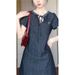 ELLE ELLE French Style High-End Denim With Textured Waist Slimming Lace-Up 2025 Summer Versatile Elegant Dress_mkmklike.com
