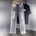 Ink Splatter Ripped Flared Jeans High Street Distressed Washed Straight Leg Trousers mid Waist Long Non-Stretch Blue_mkmklike.com