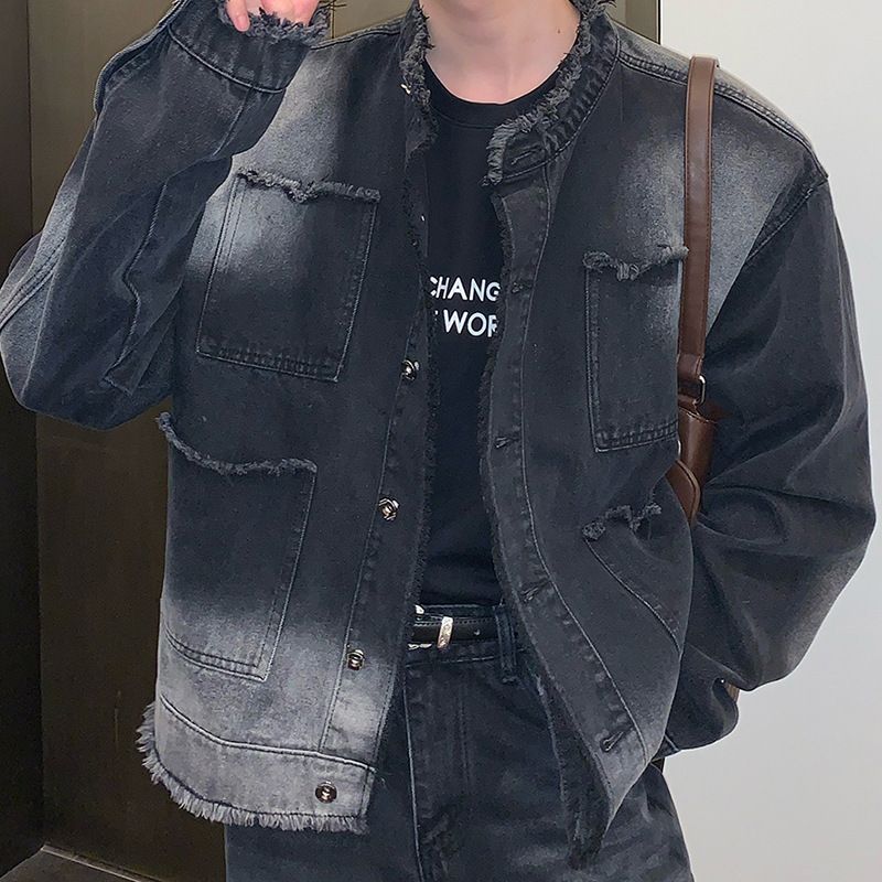 Distressed Raw Edge Denim Jacket For Men – Vintage Washed Loose Fit High Street Style, Retro Gradient Casual Coat_mkmklike.com