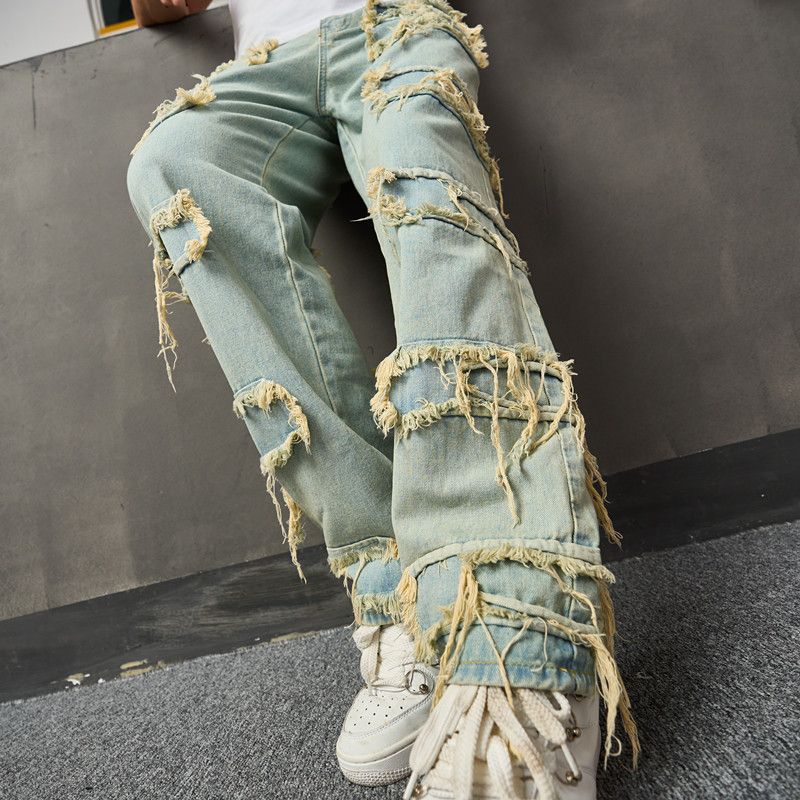 REPPUNK Men's Vintage American Wide Leg Jeans - High Street Baggy Denim Pants With Distressed & Washed Finish_mkmklike.com