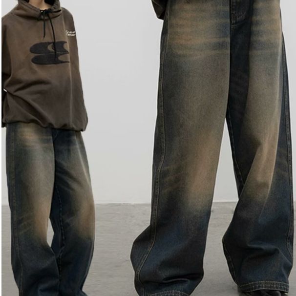 Men's Clothing High Street Vibe Distressed Yellow Mud Dyed Washed Jeans Men's Trend Ins Straight Flared Cleanfit Pants_mkmklike.com