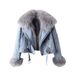 Women's Detachable Faux Fox Fur Lined Denim Jacket - Short Coat With Bunny Fur Collar, Slim Fit, Casual & Elegant Style_mkmklike.com