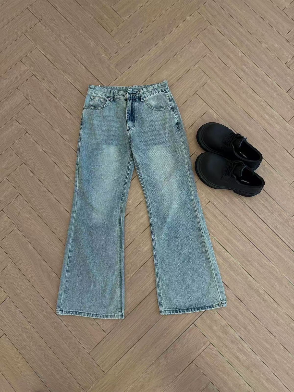 Women's High Waist Straight Leg Jeans - Vintage Washed Light Blue & Black - Stretch Cotton Denim Pants For Casual Wear_mkmklike.com