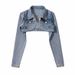"Women's Cropped Denim Jacket - High Waist Shawl Collar Retro Style (Light Blue/Black Gray)"_mkmklike.com