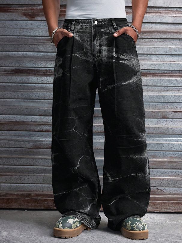 Men's Summer Wide Leg Pants Tie Dye Washed Jeans Loose Floor Length Trousers Street Style_mkmklike.com