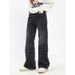 American Style Cleanfit Washed Black Distressed High Waisted Straight Leg Trendy Floor Hugging Jeans For Men And Women_mkmklike.com