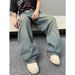 Men's Retro Washed Wide Leg Jeans American Street Style Trendy High End Distressed Loose Fit Cross Border Chain Link Trousers_mkmklike.com