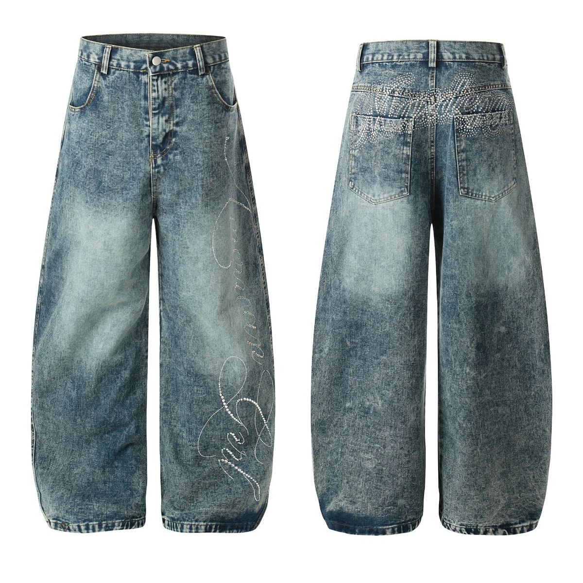 Men's Heavy Duty Sparkly Rhinestone Jeans Design Conscious Washed Blue Curved Wide Leg Floor Length Trousers_mkmklike.com