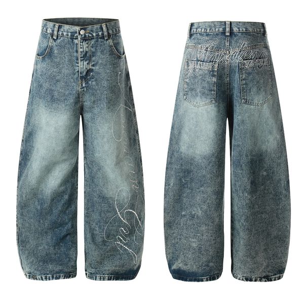 Men's Heavy Duty Sparkly Rhinestone Jeans Design Conscious Washed Blue Curved Wide Leg Floor Length Trousers_mkmklike.com