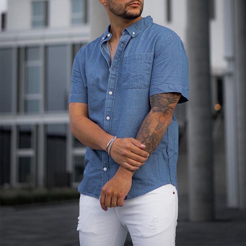 Men's Clothing Solid Color Denim Shirt Short Sleeved T Shirt Casual Loose T Shirt_mkmklike.com