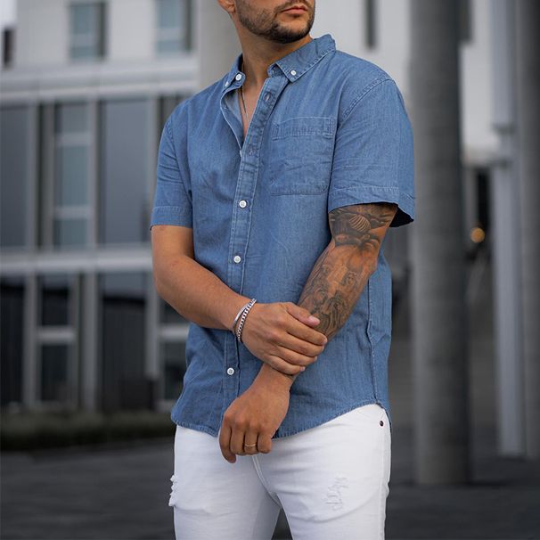 Men's Clothing Solid Color Denim Shirt Short Sleeved T Shirt Casual Loose T Shirt_mkmklike.com