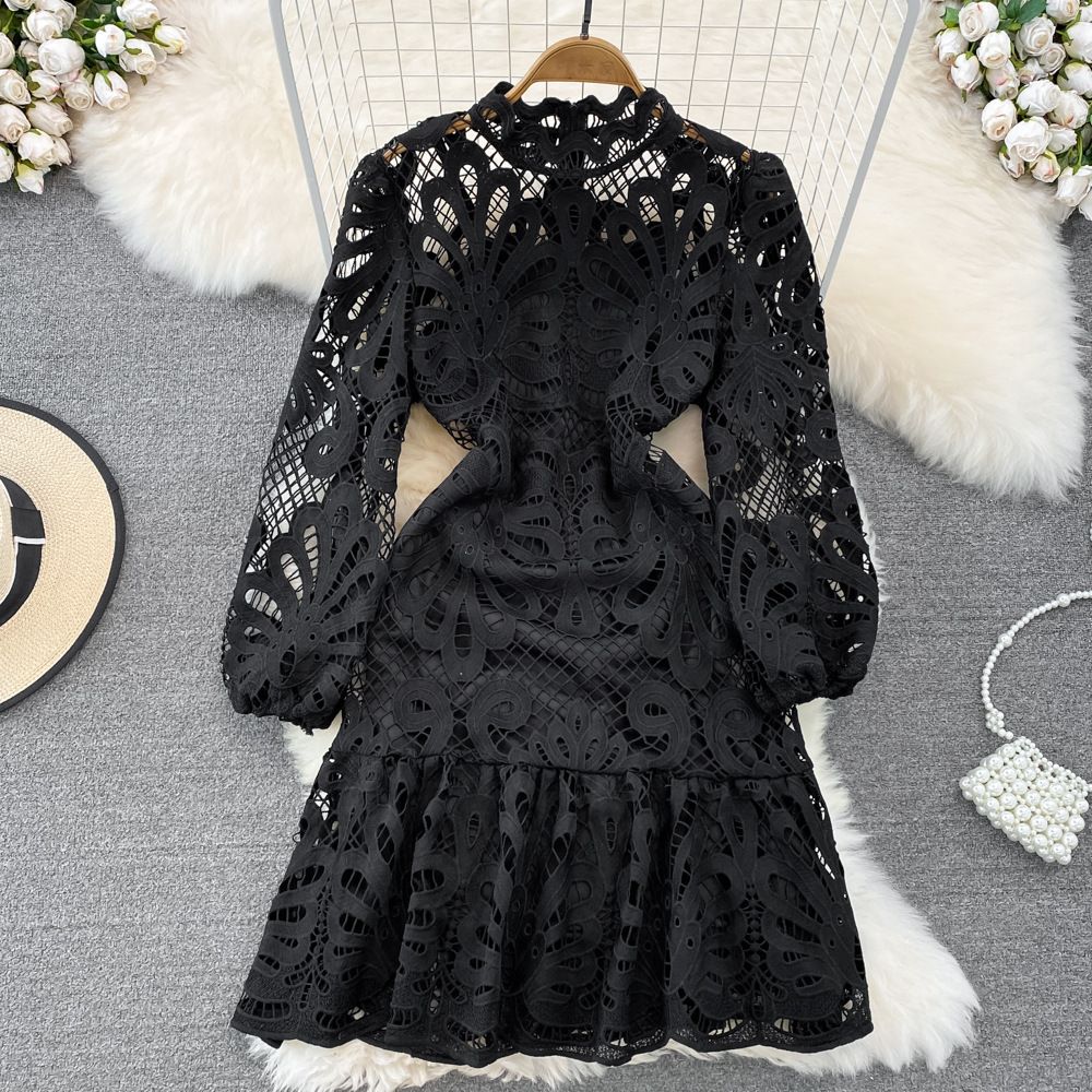 Women's Retro palace style stand-up collar puff sleeve waist slimming A-line ruffled crochet hollow water-soluble lace dress_mkmklike.com
