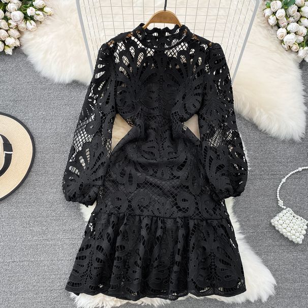 Women's Retro palace style stand-up collar puff sleeve waist slimming A-line ruffled crochet hollow water-soluble lace dress_mkmklike.com