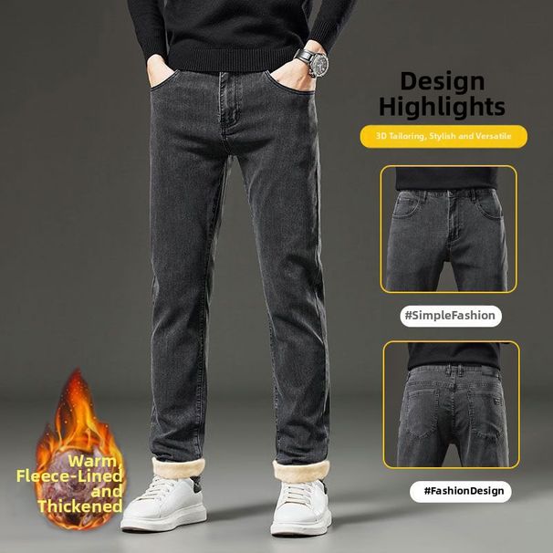 Men's Slim Fit Straight Leg Jeans - Fleece Lined Winter Denim Pants With Comfort Stretch_mkmklike.com