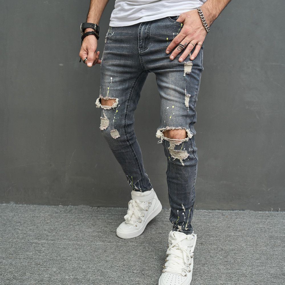 Men's Long Pants With High Elasticity And Holes, Slim Fit Jeans, Men's Jeans_mkmklike.com