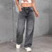 High Street Bow Embroidered Wide Leg Jeans For Women - Cotton Blend Straight Denim Pants With Vintage Wash, Streetwear Chic, Dark Grey_mkmklike.com