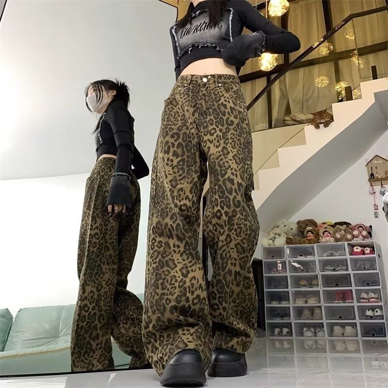 American Retro Leopard Print Wide-leg Jeans For Women, New Autumn Style, Loose Straight Pants, Casual Floor-length_mkmklike.com