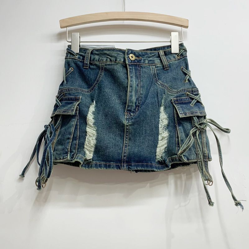 Summer New American Style Side Pocket Tie Hole Denim Miniskirt Low Waist Hip Hot Girl Outfit Trend_mkmklike.com
