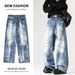 Suitable For All Seasons Straight-Leg Jeans Washed Light Blue Men's Casual Denim Pants_mkmklike.com