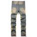 Men's Slim Straight Leg Jeans Trendy Retro Ripped Patchwork Embroidered Color Block Stylish American Denim_mkmklike.com