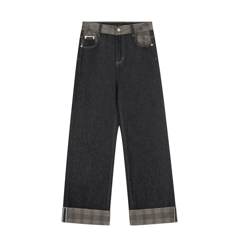 Patchwork Plaid Rolled Hem Denim Straight American Cleanfit Trendy Personality Loose Casual Long Pants For Men_mkmklike.com