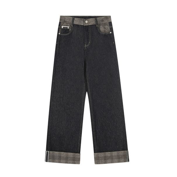 Patchwork Plaid Rolled Hem Denim Straight American Cleanfit Trendy Personality Loose Casual Long Pants For Men_mkmklike.com