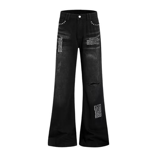Unisex Black Distressed Studded Flared Jeans Slimming Design High Street Style Loose Fit Versatile Long Pants_mkmklike.com