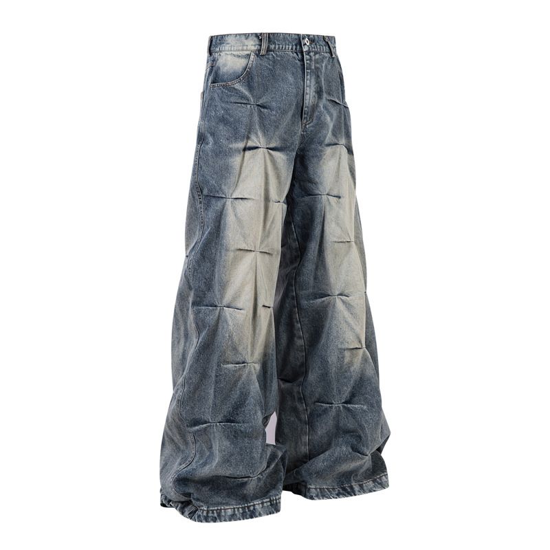 Vintage Washed Distressed Wide-Leg Jeans For Men - High Street Fashion Loose Fit Casual Pants With Wrinkle Design_mkmklike.com