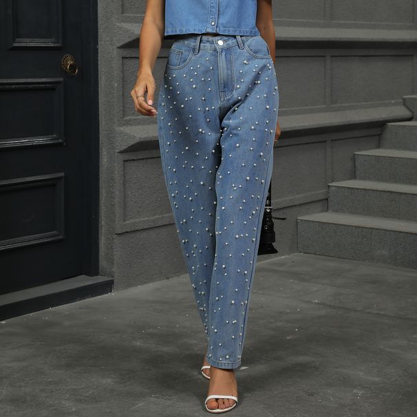 Women's Washed Pearl Denim Straight Leg Pants – Classic High Waist Trousers For Casual & Office Wear_mkmklike.com