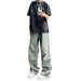 American Washed Workwear Jeans Men's Spliced Pleated Straight Wide Leg Trendy High Street Ruff Handsome Long Pants_mkmklike.com