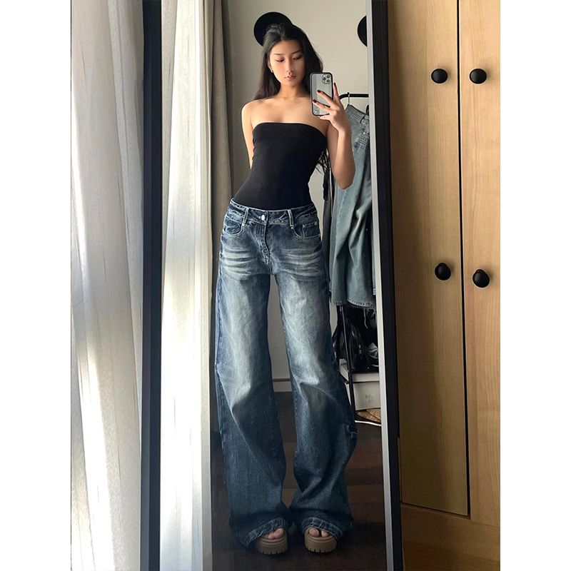 Tall Extra Long Hot Girl Low Waist Flared Jeans Women Spring Autumn Loose Slimming Wide Leg Floor-Length Pants_mkmklike.com