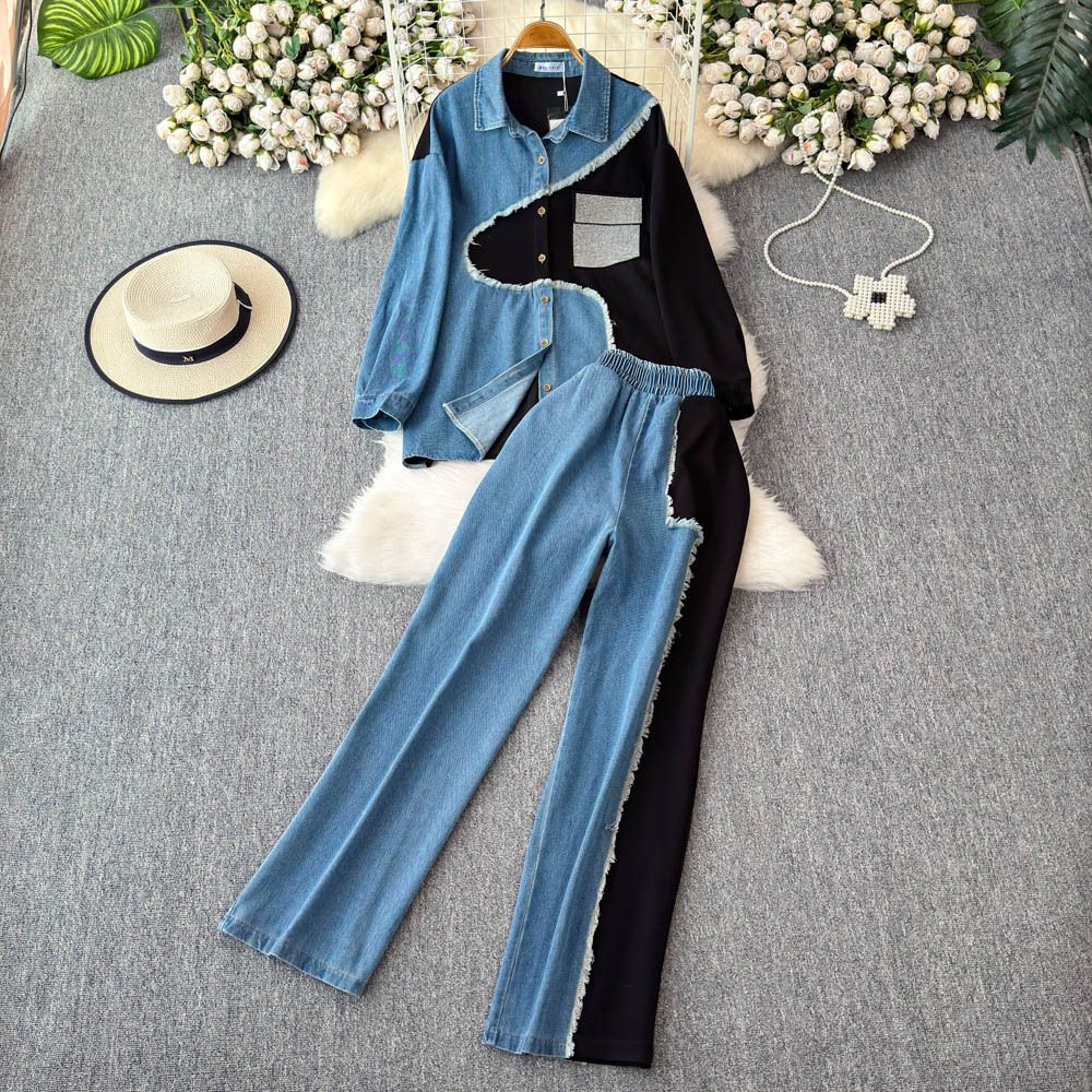 Women's Clothing Designer Lapel Patchwork Denim Shirt Long Sleeved Top Suit For Women High Waist Slim Color Matching Wide Leg Pants Two Piece Suit_mkmklike.com