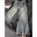 Men's Straight Leg Loose Wide Leg Trousers Lightning Pattern High Street Style Trendy Cool Washed Retro Flared Trousers_mkmklike.com
