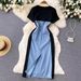 Women's Clothing High Grade Cool Style Contrast Color Denim Patchwork Dress Summer Unique And Beautiful Waist Mid Length Skirt_mkmklike.com